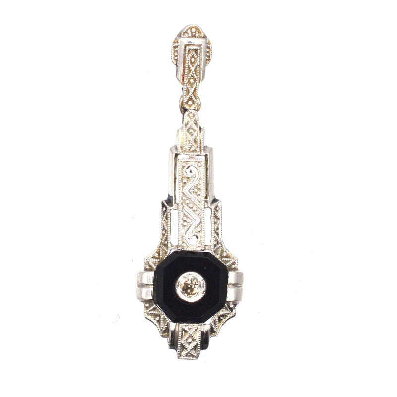 German Art Deco 18ct White Gold Onyx and Diamond Pendant