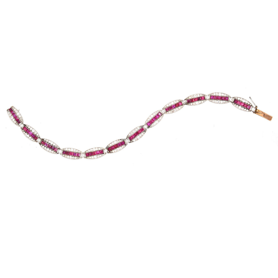Imperial Russian 1910s gold bracelet with Burma rubies and old European cut diamonds, antique jewelry, rare vintage design.