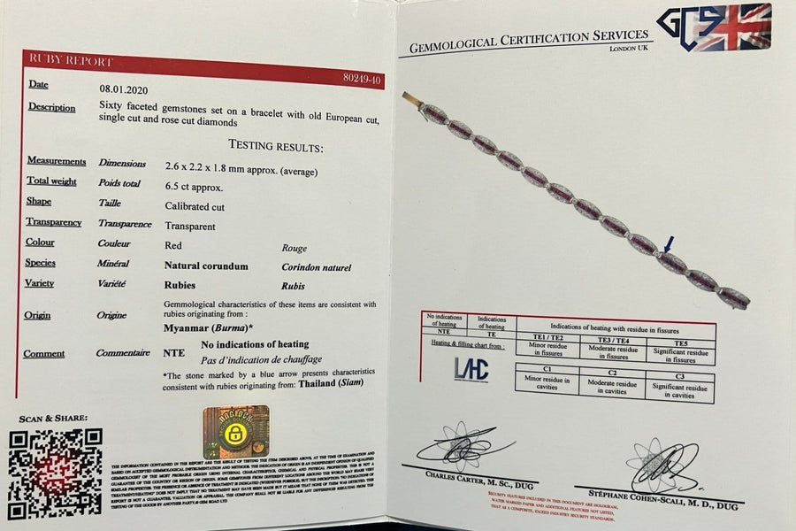 Gemmological certification report for a bracelet featuring sixty Burma rubies and old European cut diamonds.
