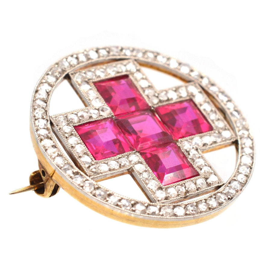 Imperial Russian brooch with synthetic rubies and rose cut diamonds, supporting the Red Cross in WWI.