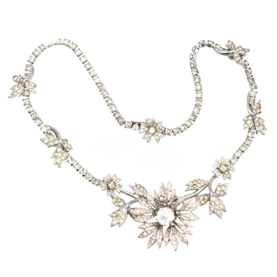 1950s Kramer of New York rhinestone necklace, en tremblant silver-tone design featuring floral motifs.