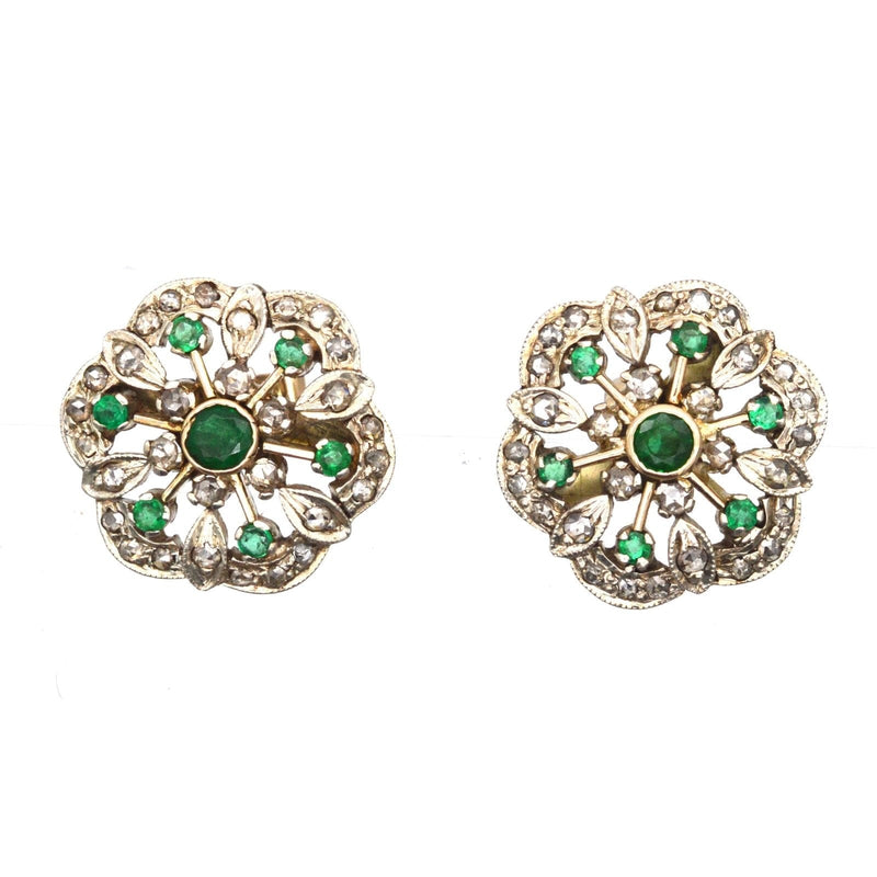 Large 1950s 18ct Gold Emerald and Diamond Cluster Stud Earrings