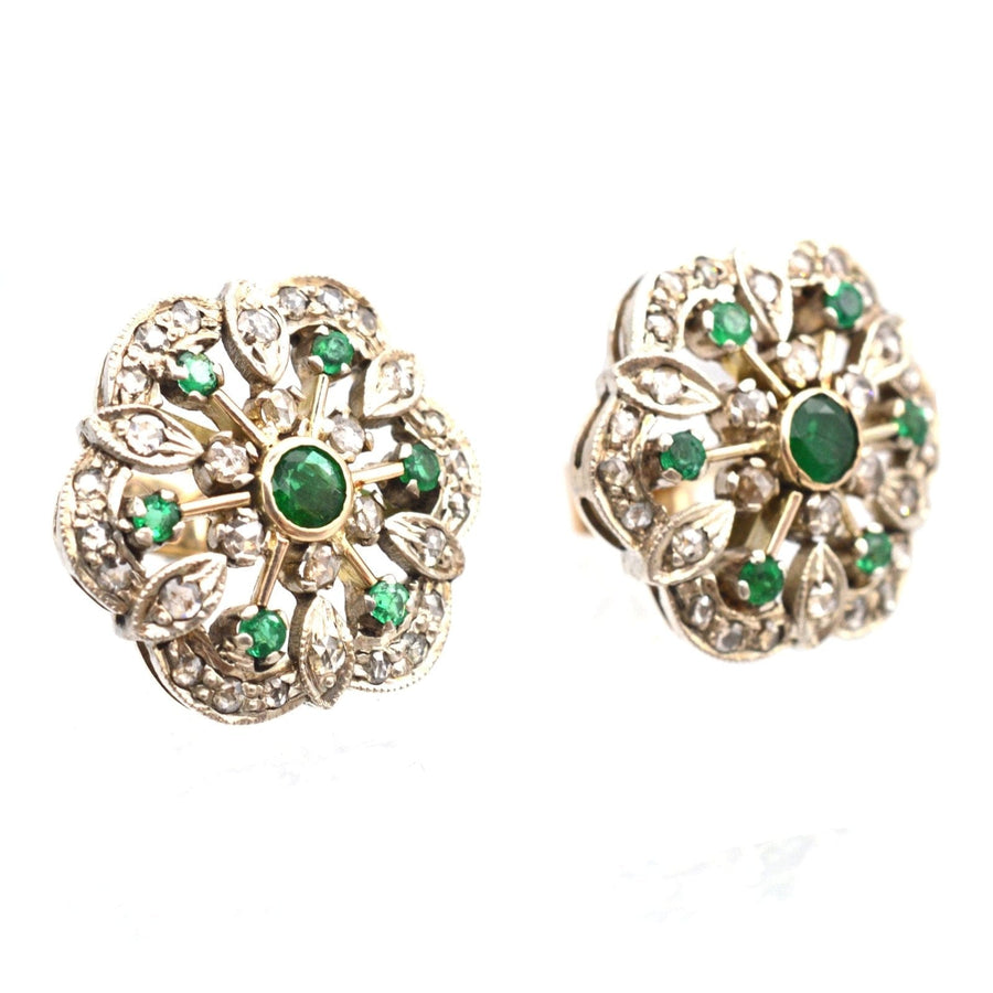 Large 1950s 18ct gold floral emerald and diamond cluster stud earrings, vintage elegance and style.