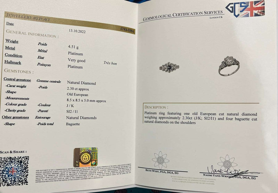 Gemological certificate for a platinum ring with 2.3 carat old European cut diamond and baguette shoulders.