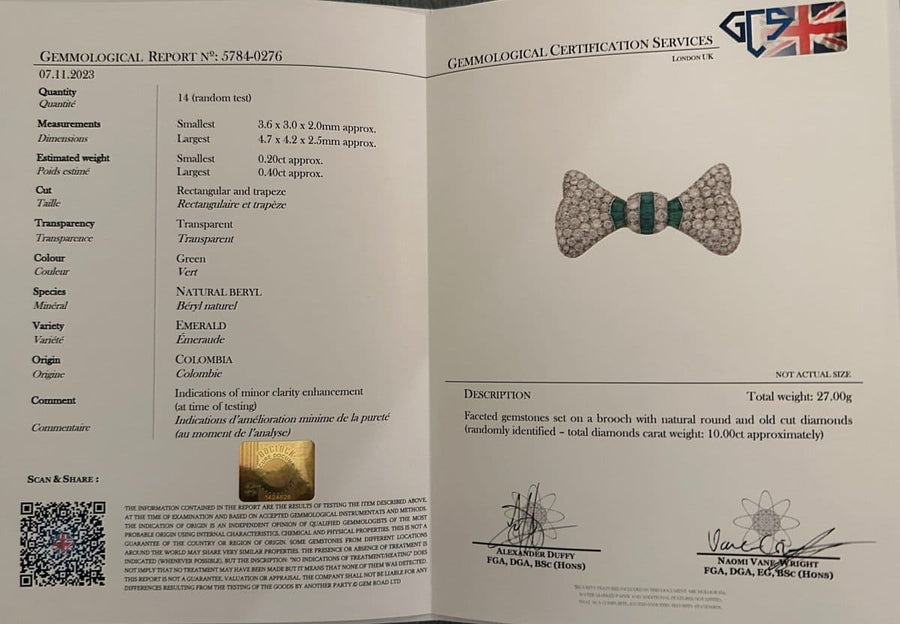 Gemmological certification report for a French Art Deco diamond and emerald bow brooch, detailing specifications and weight.