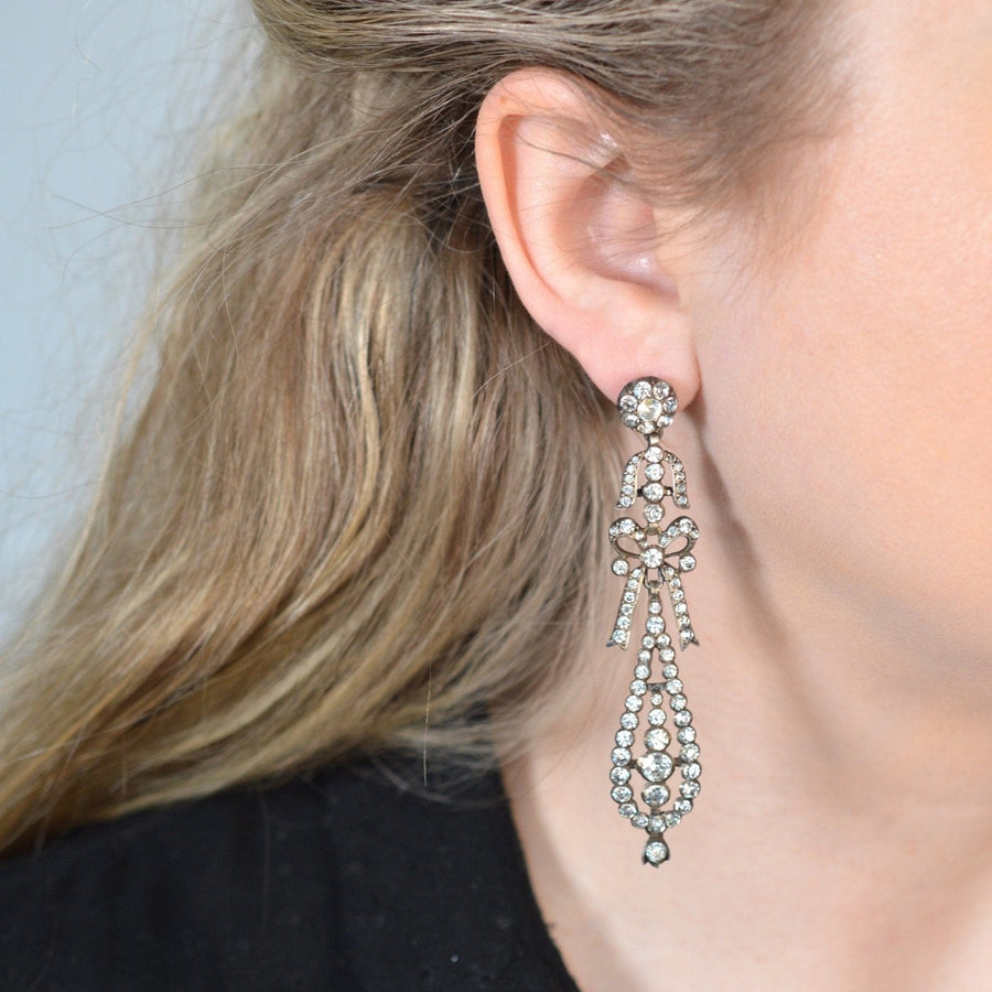 Large 19th century silver 'Portuguese Style' pendeloque bow paste earrings, elegant and articulated for movement.