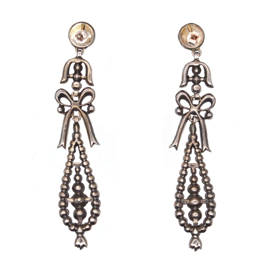 Large 19th century French silver 'Portuguese style' pendeloque bow paste earrings, elegant and articulated design.