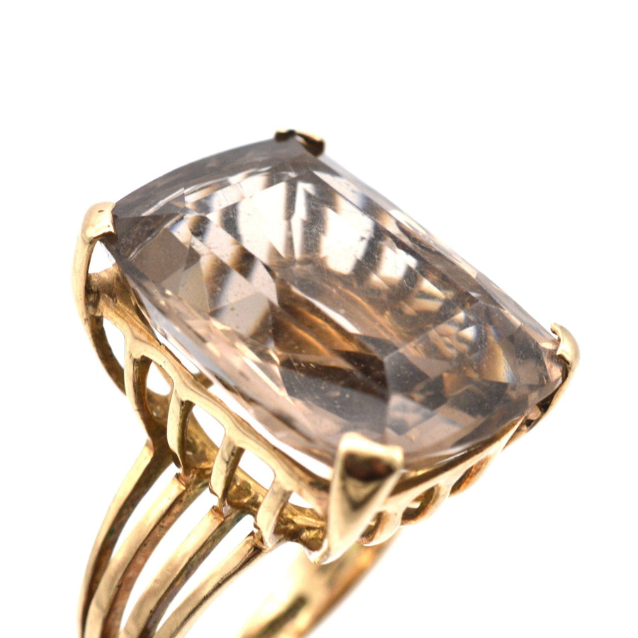 Large mid century 9ct gold smoky quartz cocktail ring with openwork shank, vintage 1955 design.