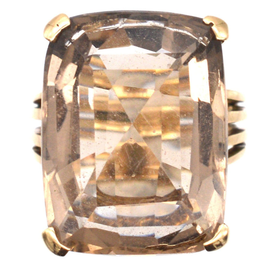 Large mid century 9ct gold smoky quartz cocktail ring with an exquisite openwork shank, perfect for any occasion.