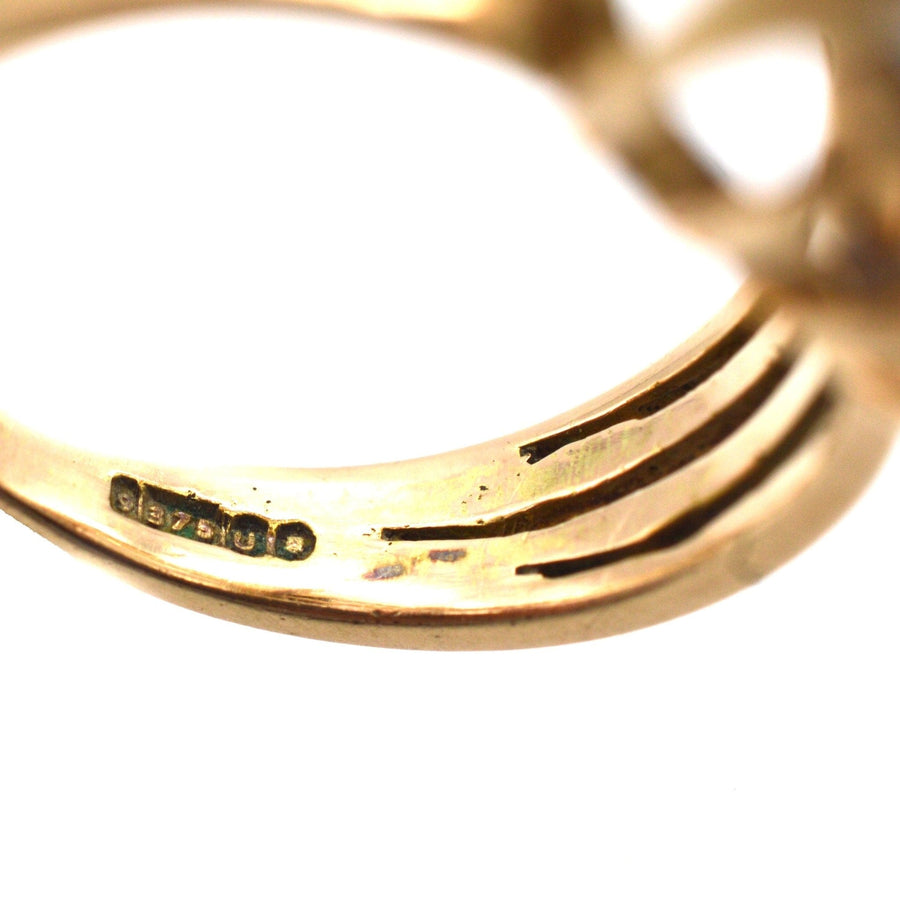 Close-up of the hallmark on a large mid-century 9ct gold smoky quartz cocktail ring, dated 1955.