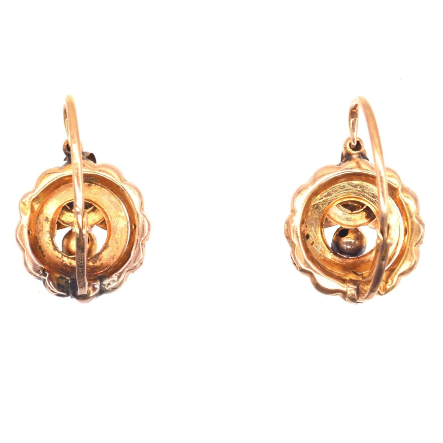 19th Century 18ct gold mini hoop Dormeuses earrings with horse head hallmark from France, showcasing vintage design and comfort.