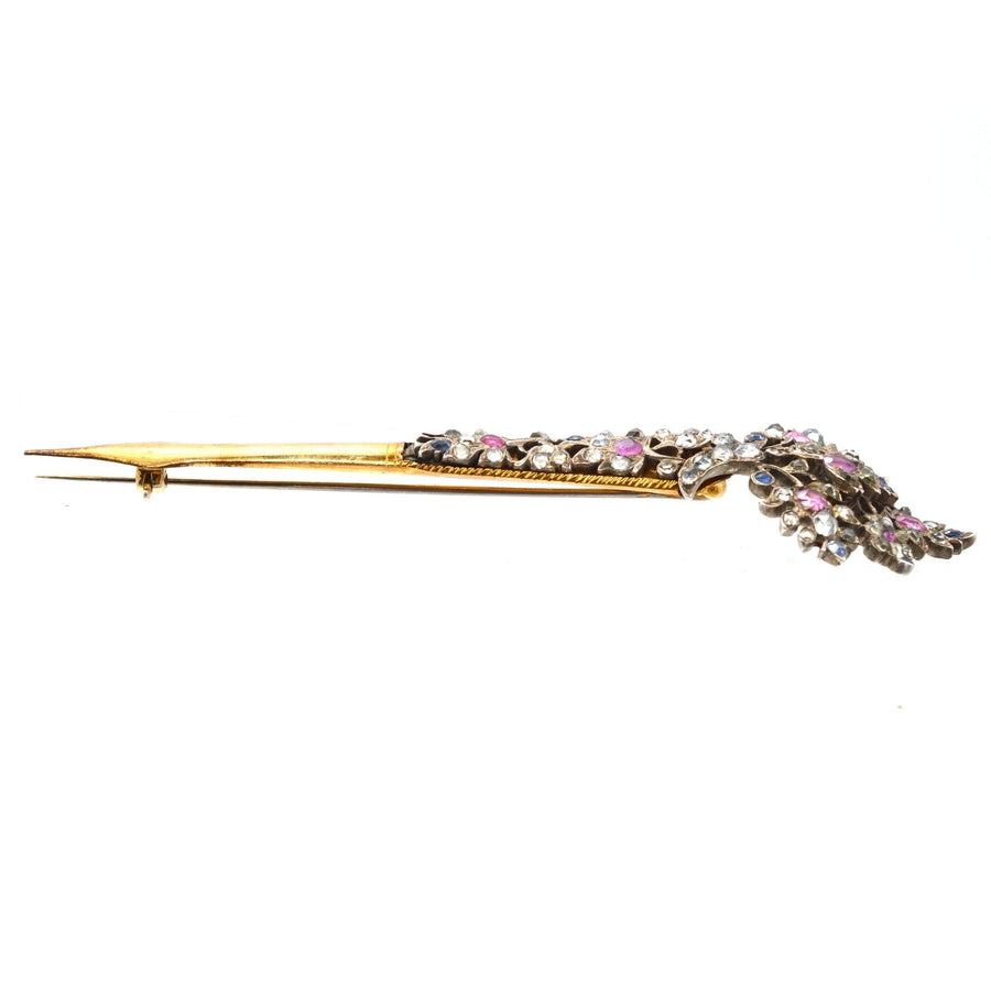 Late 19th Century Sri Lankan kondakoora hairpin brooch with sapphires and zircons.