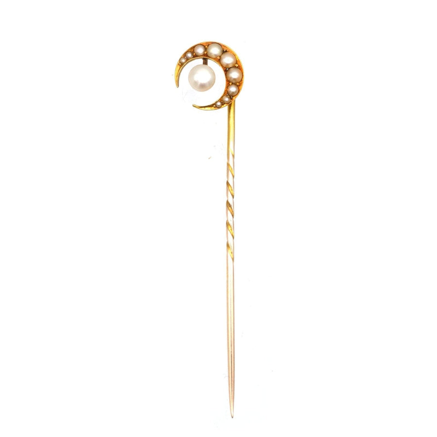 15ct gold and split pearl crescent moon tie pin, vintage Victorian jewelry, elegant design with pearl star.