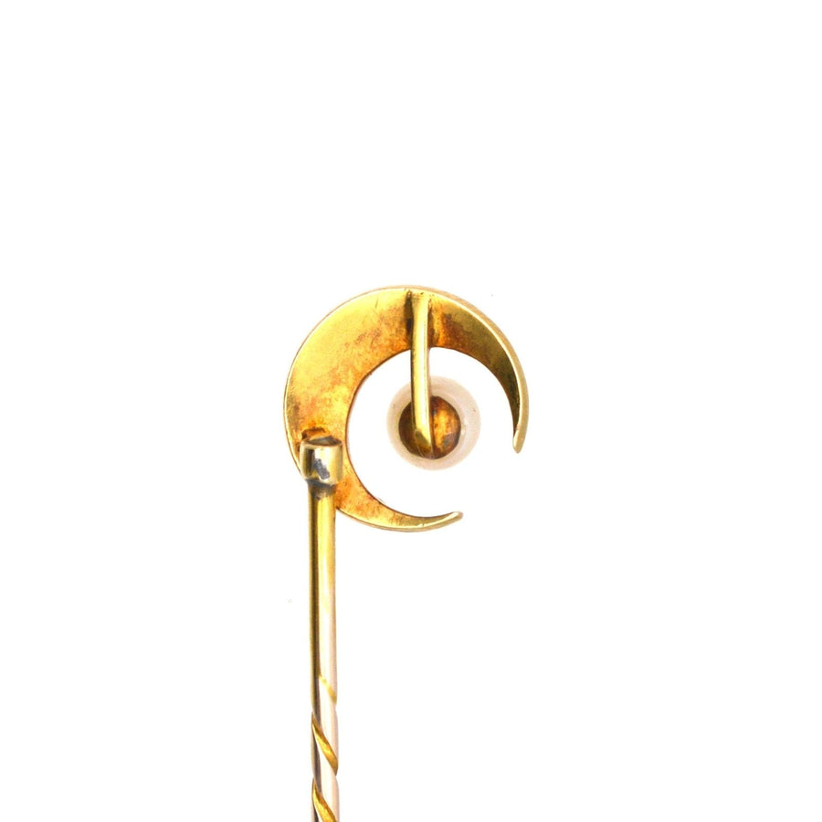 15ct gold crescent moon tie pin with split pearl star, a unique vintage accessory from the Late Victorian era.