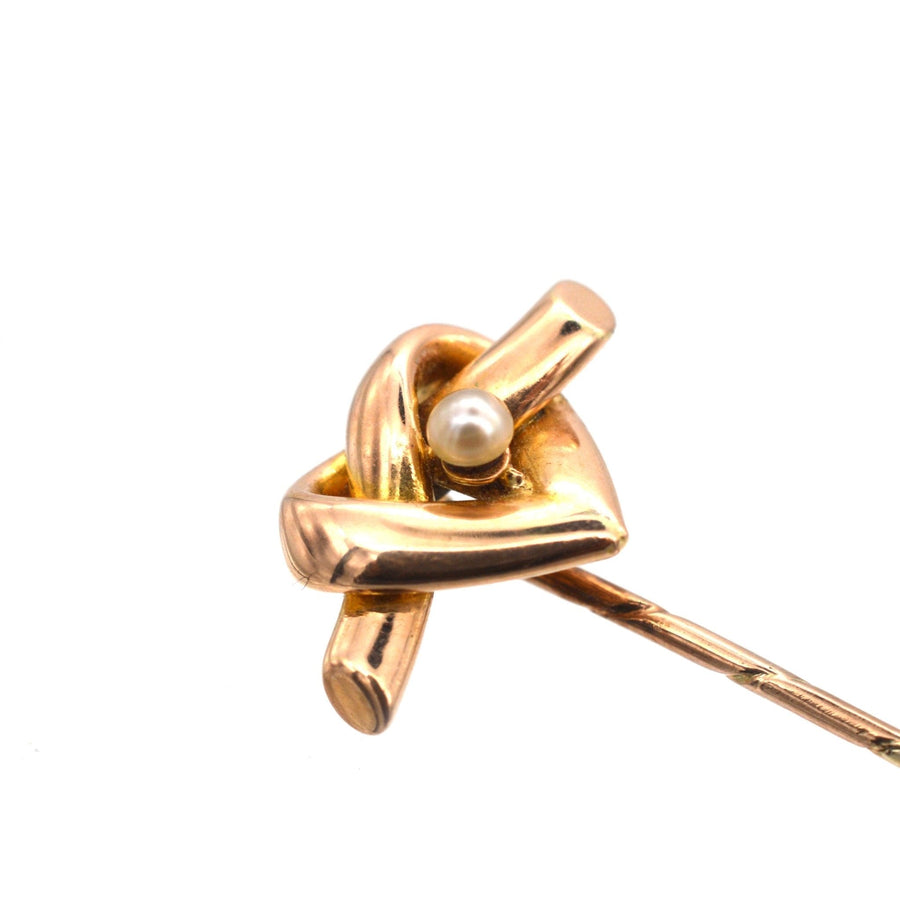 Late Victorian 15ct Gold, Lover's Knot in a Heart Motif Tie Pin with a Natural Pearl | Parkin and Gerrish | Antique & Vintage Jewellery