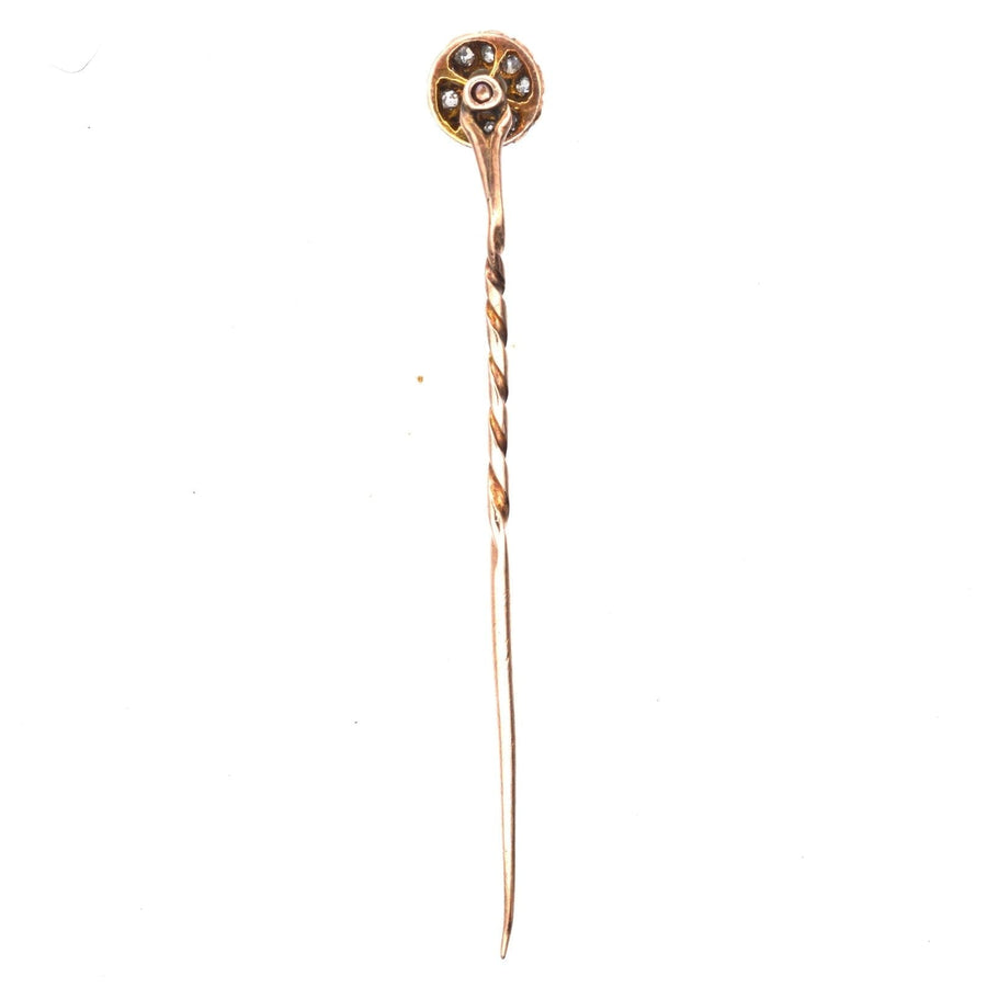Late Victorian 15ct gold pearl and diamond cluster tie pin, perfect accessory for stylish ties.