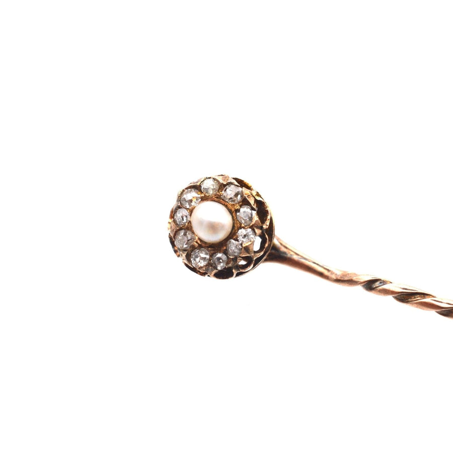 Late Victorian 15ct gold cluster tie pin featuring natural pearl and diamond accents, perfect for stylish silk ties.