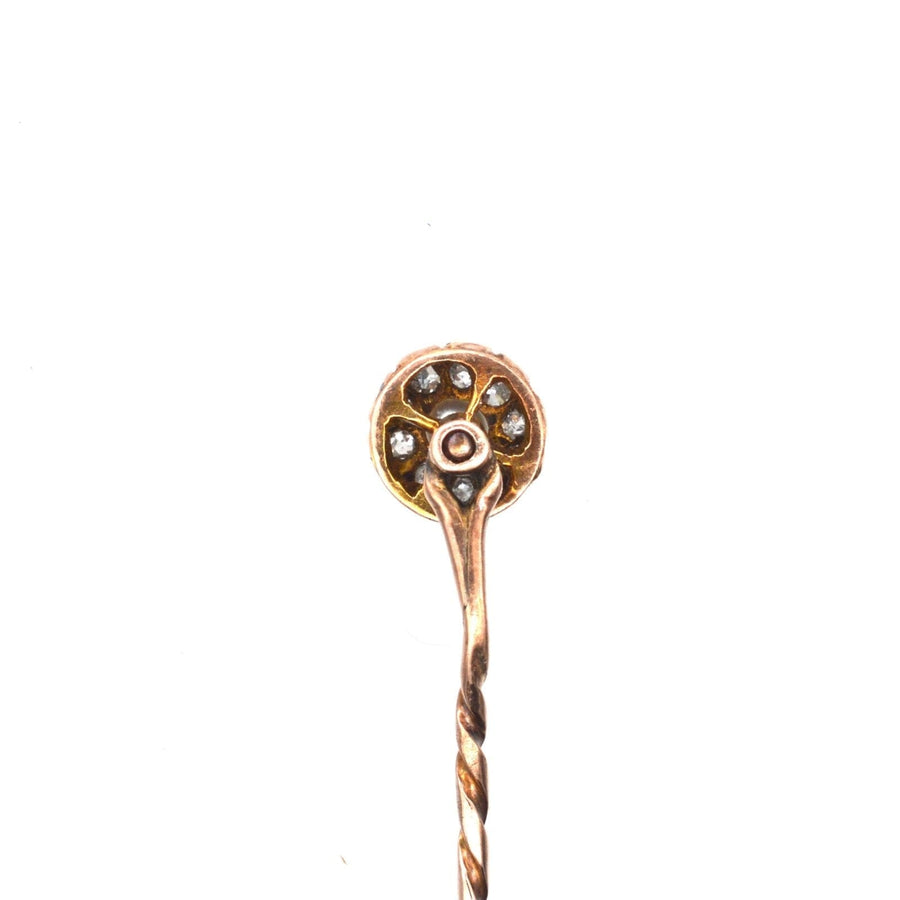 Late Victorian gold tie pin featuring a cluster of natural pearls and diamonds, perfect for stylish accessories.