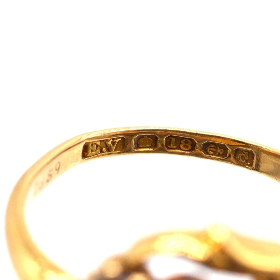 Hallmark details of a Late Victorian 18ct gold ring showcasing intricate craftsmanship and authenticity.