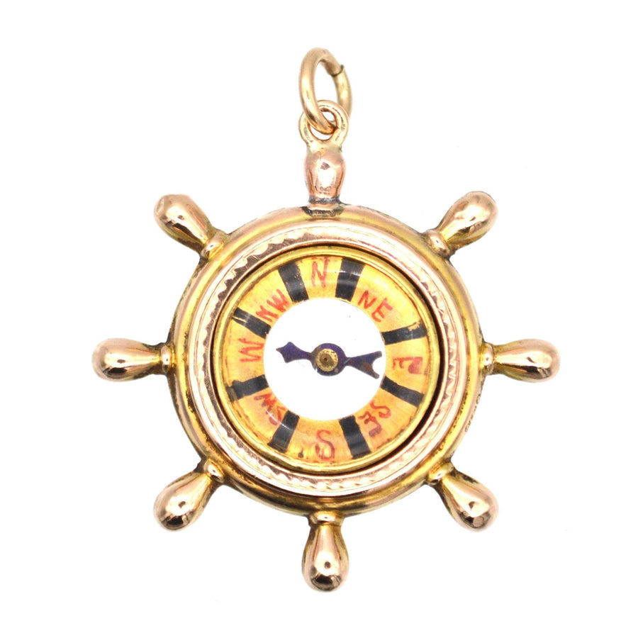 Late Victorian 9ct gold ship wheel compass pendant, assayed in Birmingham 1900, by maker JC.