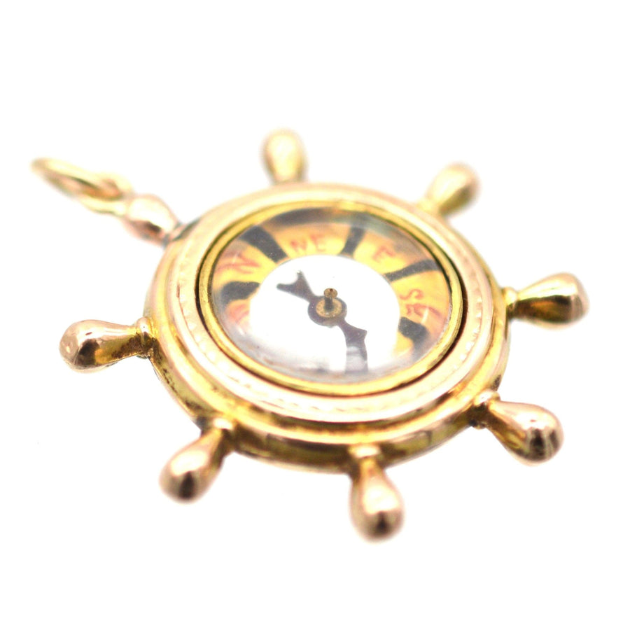 Late Victorian 9ct gold ship wheel compass pendant, Birmingham assay 1900, maker's mark JC, vintage maritime jewelry.