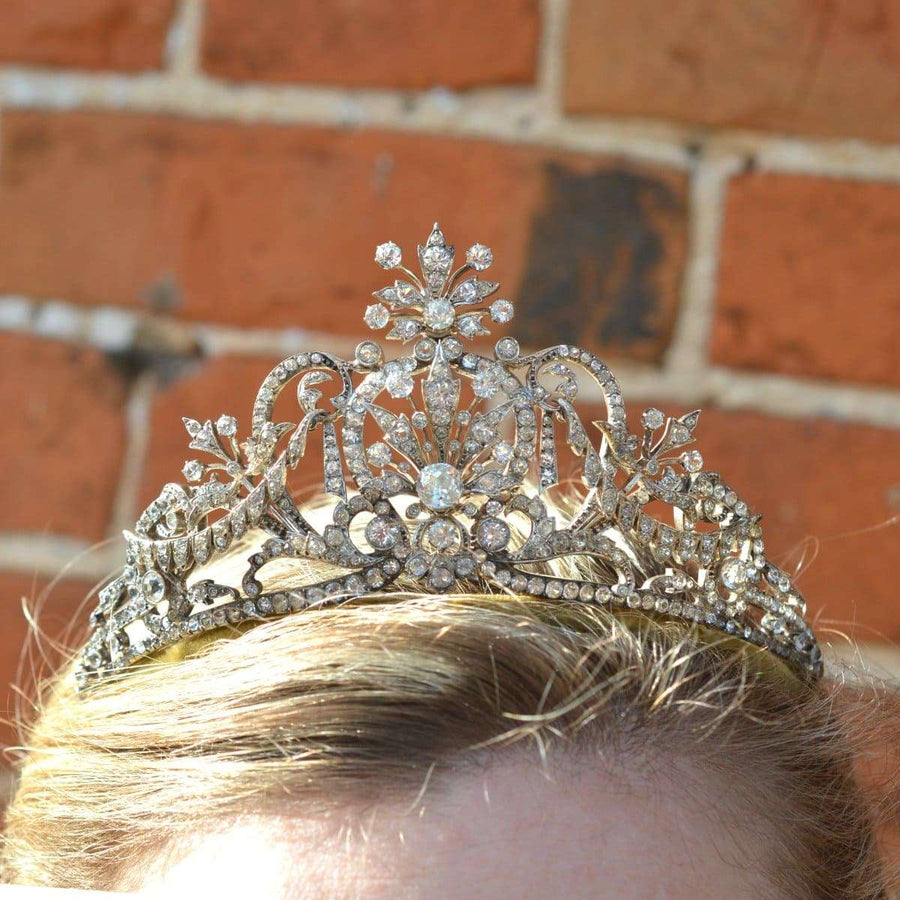 Late Victorian silver paste tiara with sparkling pastes and intricate design, perfect for formal occasions.