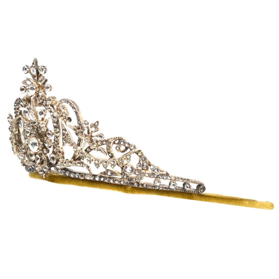 Late Victorian silver paste tiara with intricate floral designs and sparkling pastes, circa 1860s-1880s.
