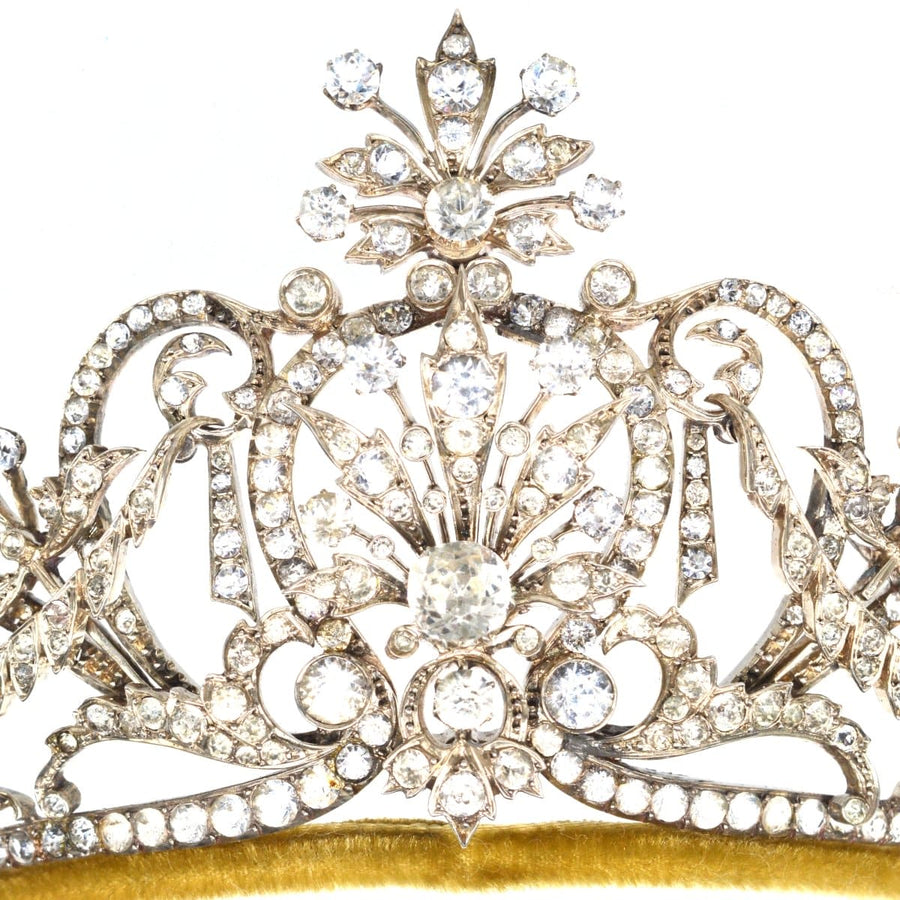 Late Victorian silver paste tiara with intricate floral designs and sparkling crystals, circa 1860s-1880s.
