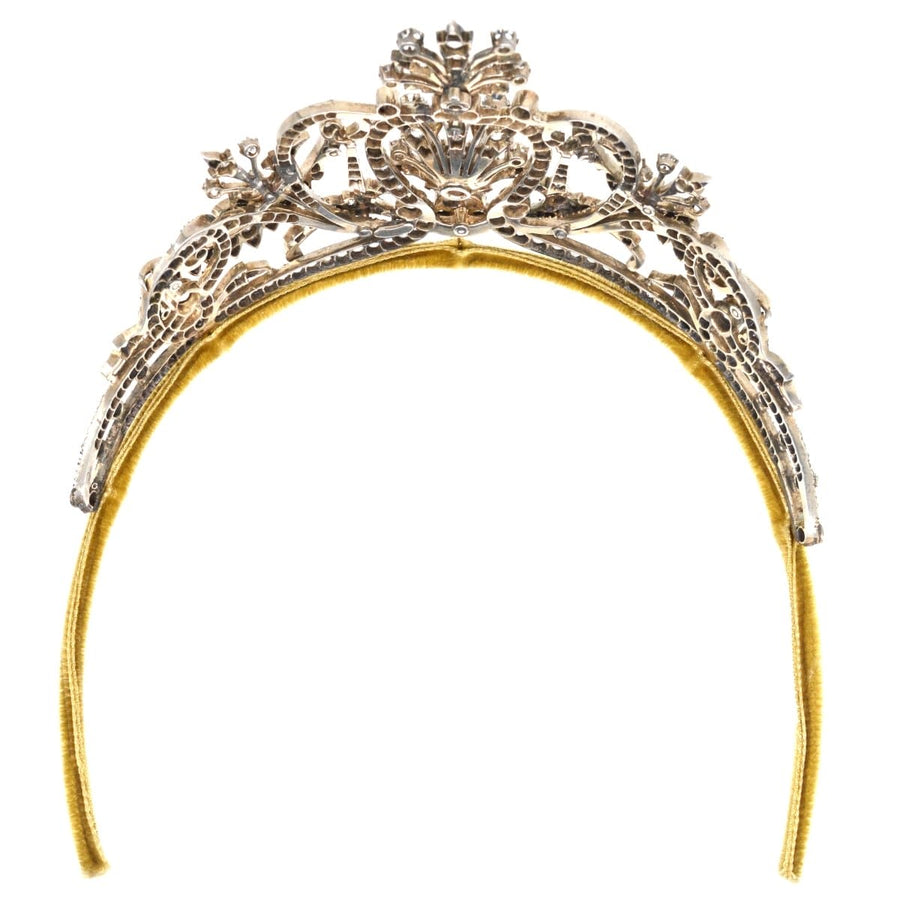 Late Victorian silver paste tiara with intricate floral design and sparkling pastes, ideal for formal occasions.