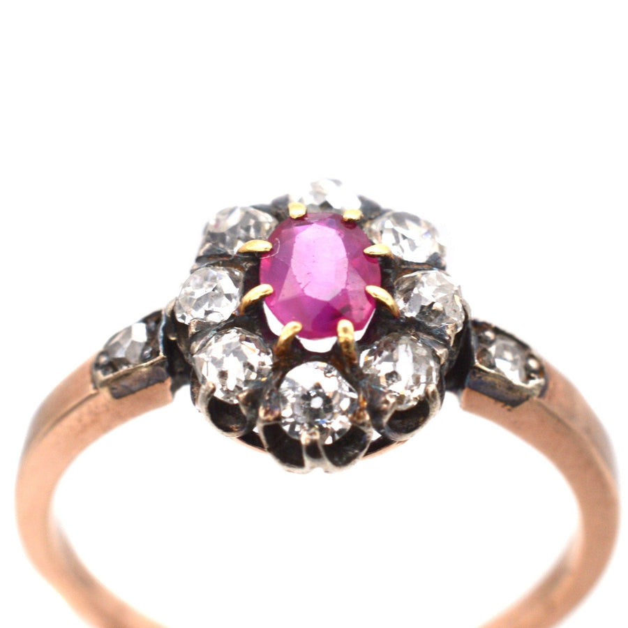 Late Victorian ring featuring a Burma ruby and old mine cut diamonds in rose gold setting, circa 1890s.