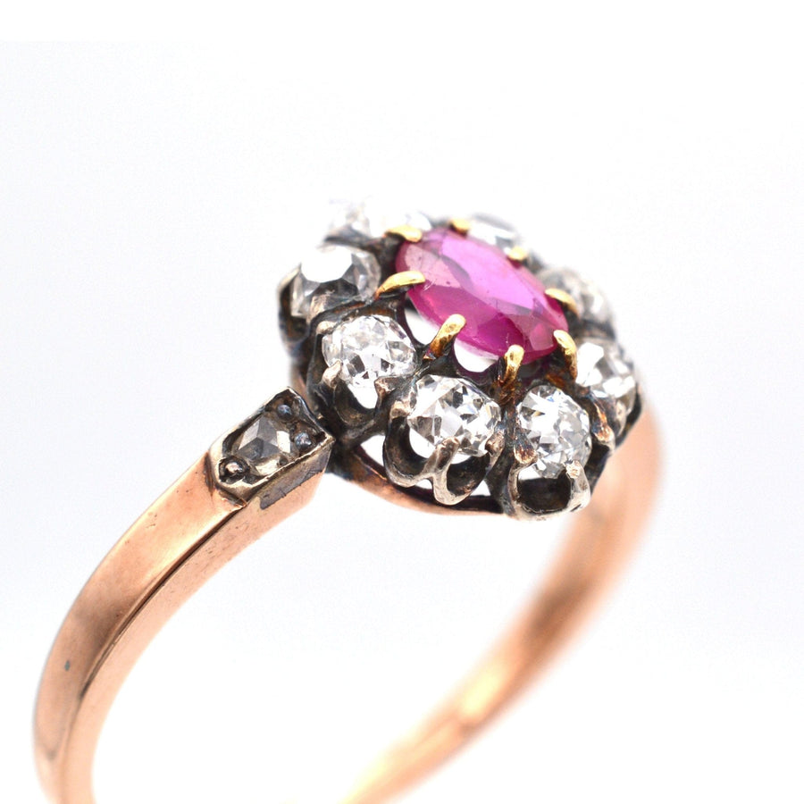 Late Victorian silver and 15ct rose gold cluster ring with Burma ruby and old mine cut diamonds.