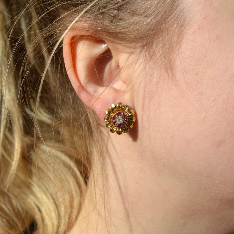 Mid Century 10ct Gold Ruby and Diamond Cluster Earrings with detachable Gold Flower Petal Jacket | Parkin and Gerrish | Antique & Vintage Jewellery