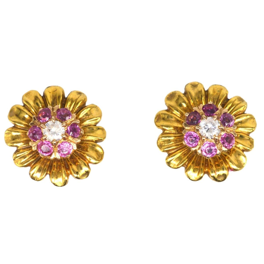 Mid Century 10ct Gold Ruby and Diamond Cluster Earrings with detachable Gold Flower Petal Jacket | Parkin and Gerrish | Antique & Vintage Jewellery