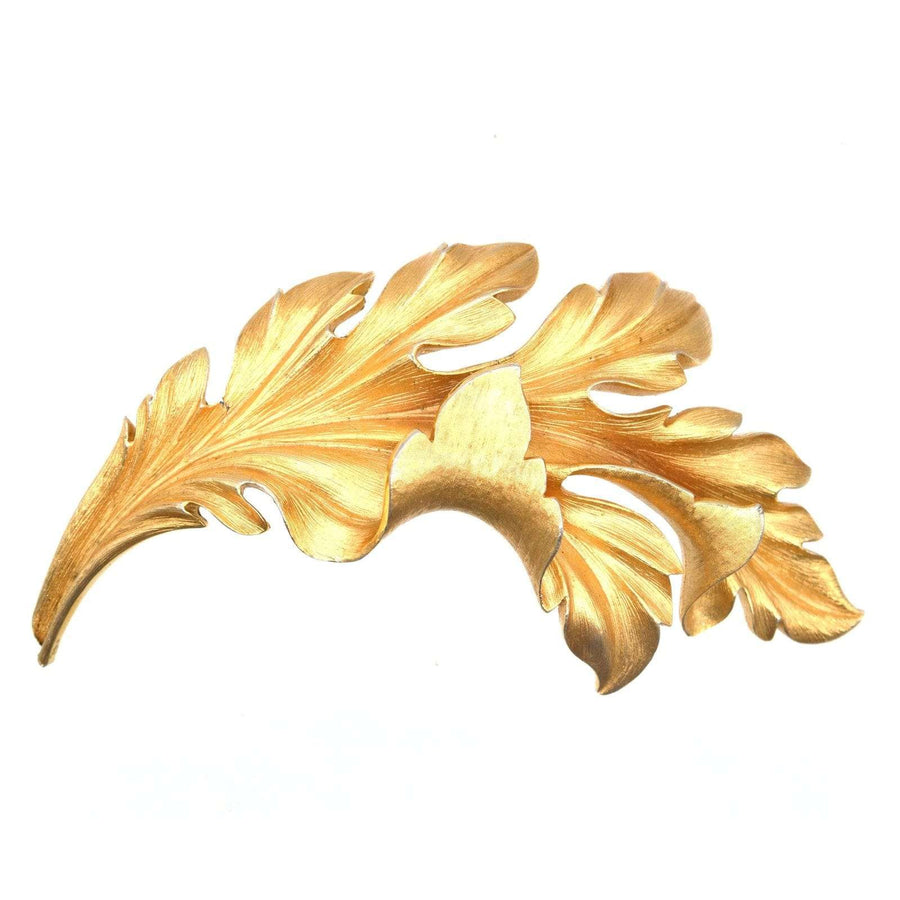 Mid Century Trifari large gilt metal leaf brooch, a dramatic and stylish jewelry statement piece.