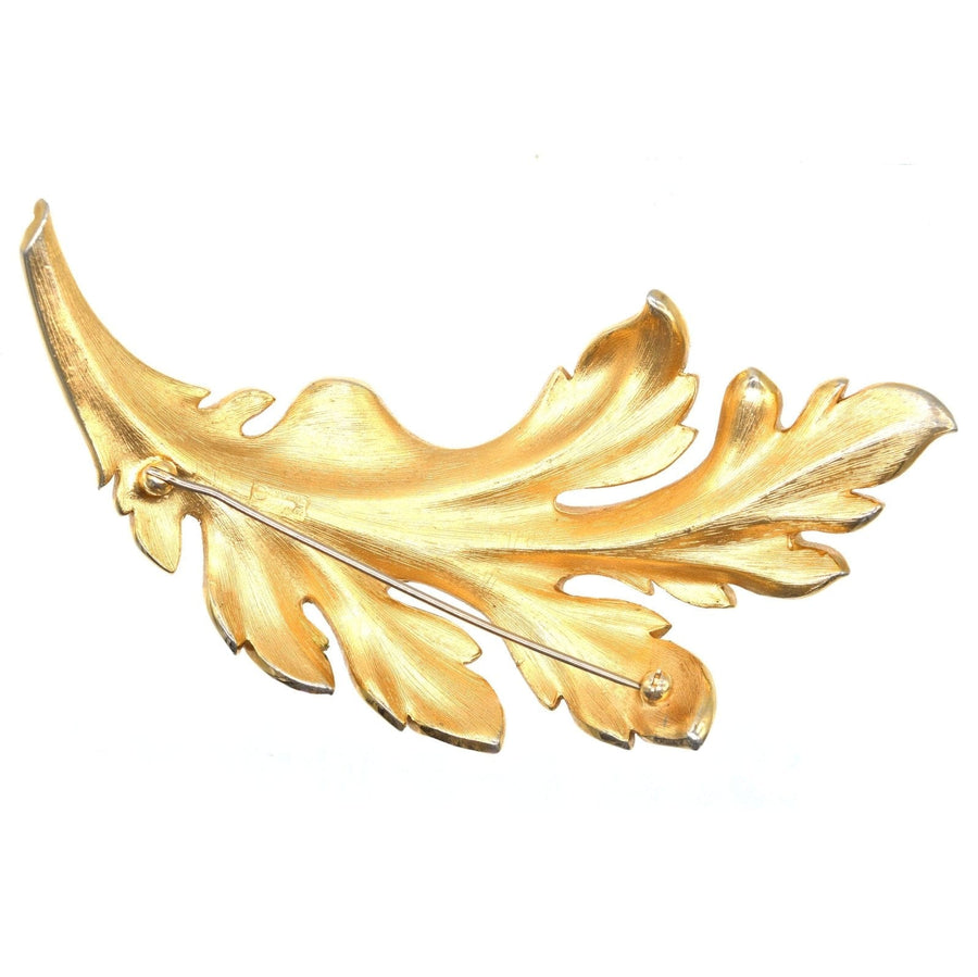 Mid Century Trifari large gilt metal leaf brooch, a dramatic and quality statement jewelry piece.