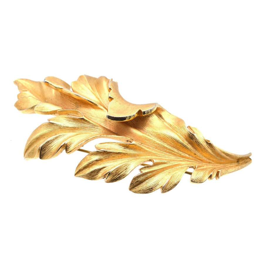 Mid Century Trifari large gilt metal leaf brooch, a dramatic statement piece of jewelry.