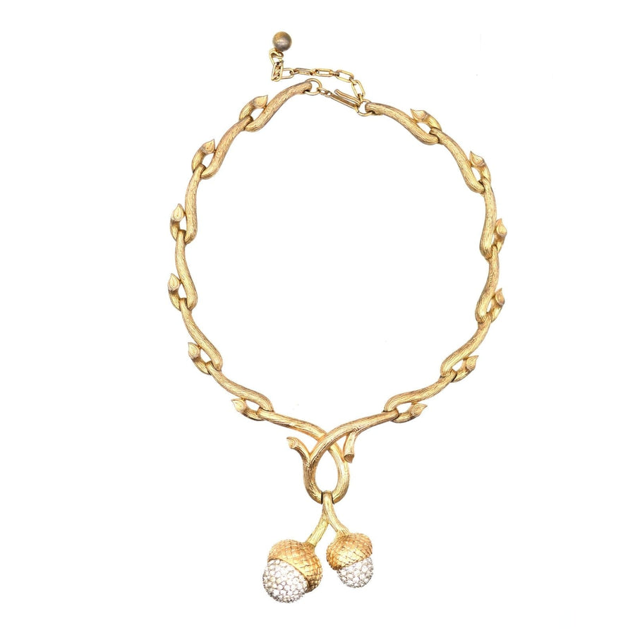 Mid-century Trifari gold-tone necklace with acorns and oak branches, 1950s vintage costume jewelry.