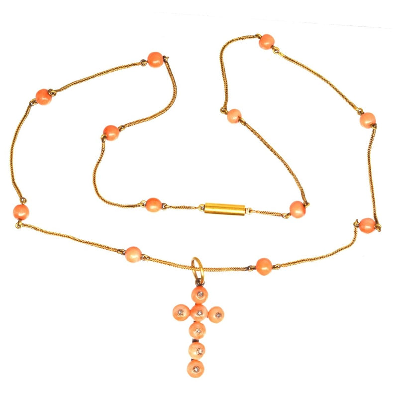 Mid Victorian 15ct Gold Coral Chain Necklace with Coral and Diamond Cross Pendant