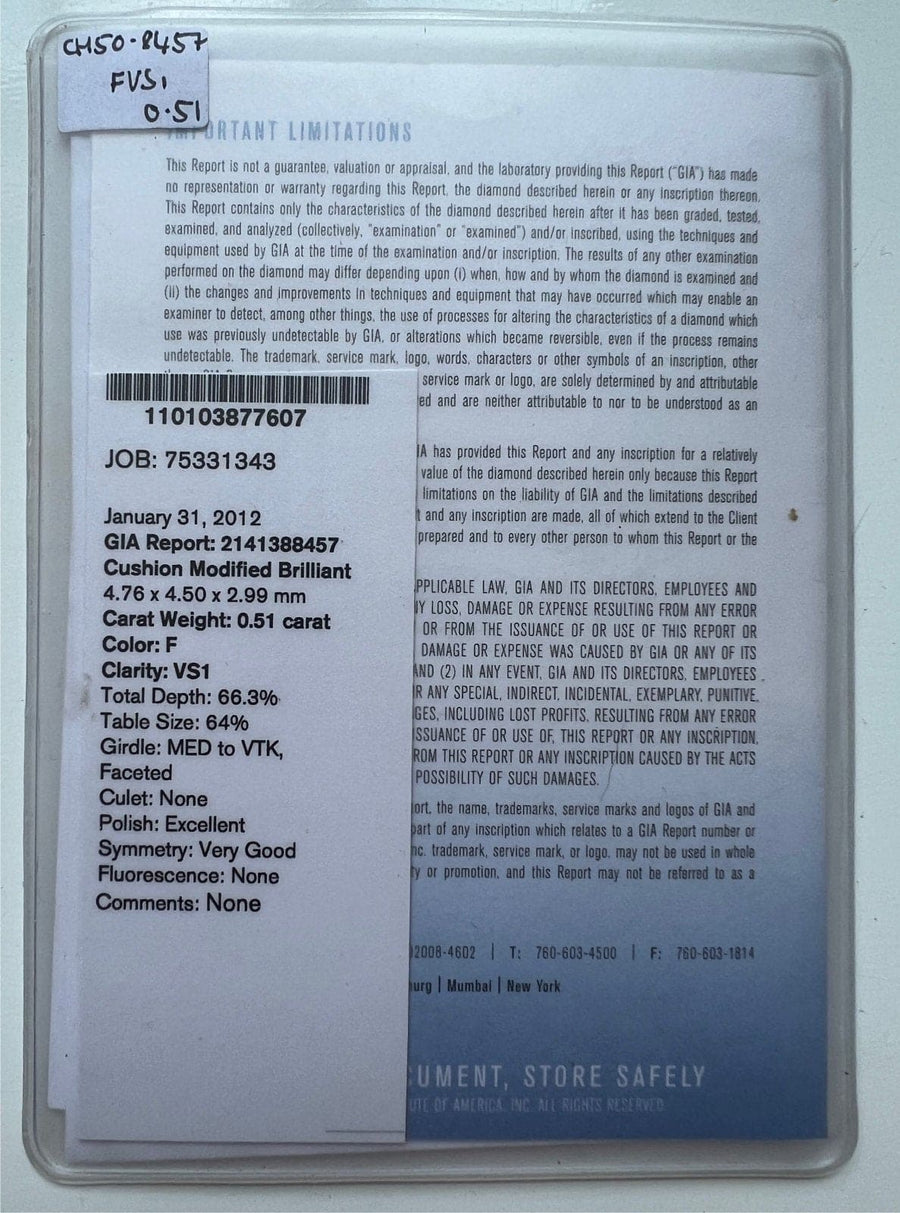 GIA certificate for a 0.51 carat cushion cut diamond, F color, VS1 clarity, report number 2141388457.