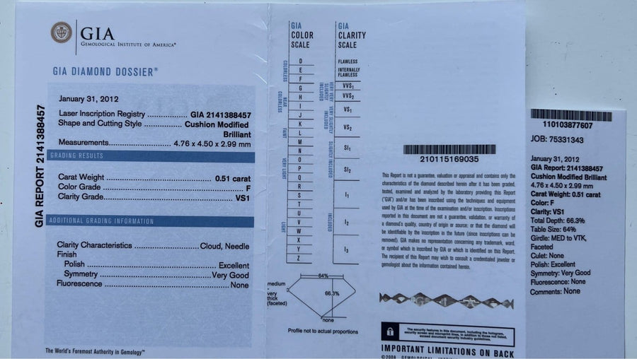 GIA Diamond Dossier report showing details of a 0.51 carat cushion cut diamond, including color and clarity grades.