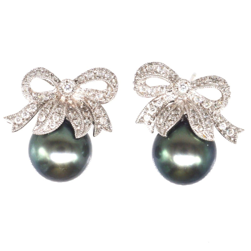 Modern Diamond Bow and Tahitian Cultured Black Pearl Stud Earrings