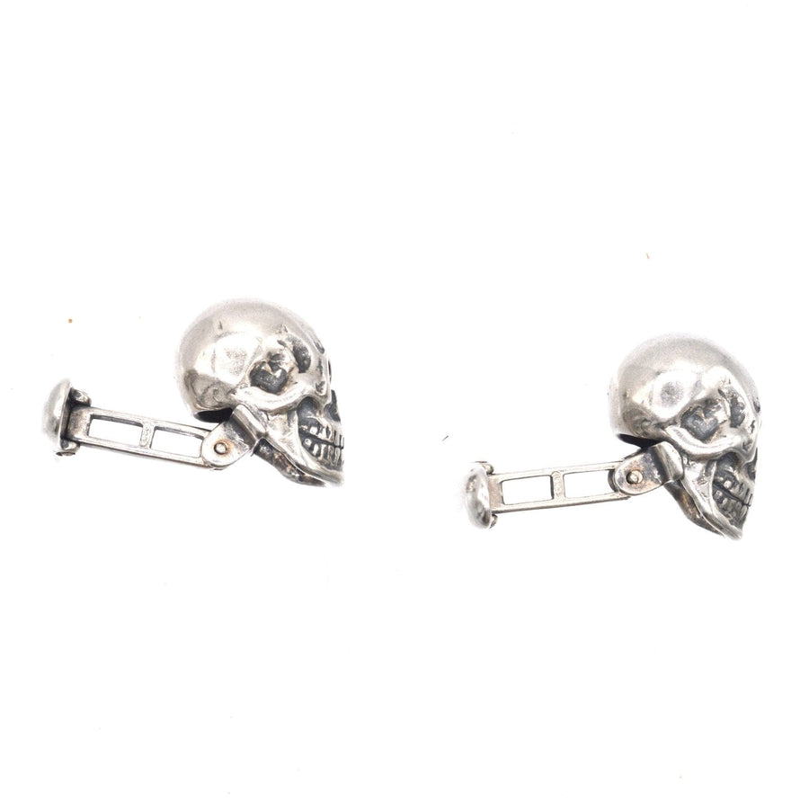 Modern sterling silver skull cufflinks with oxidised detail for a rock n roll style.