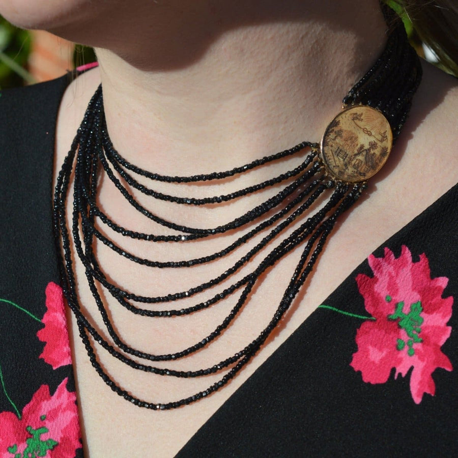 Rare Georgian 9ct gold clasp multi-strand necklace with black beads and farm scene pendant.