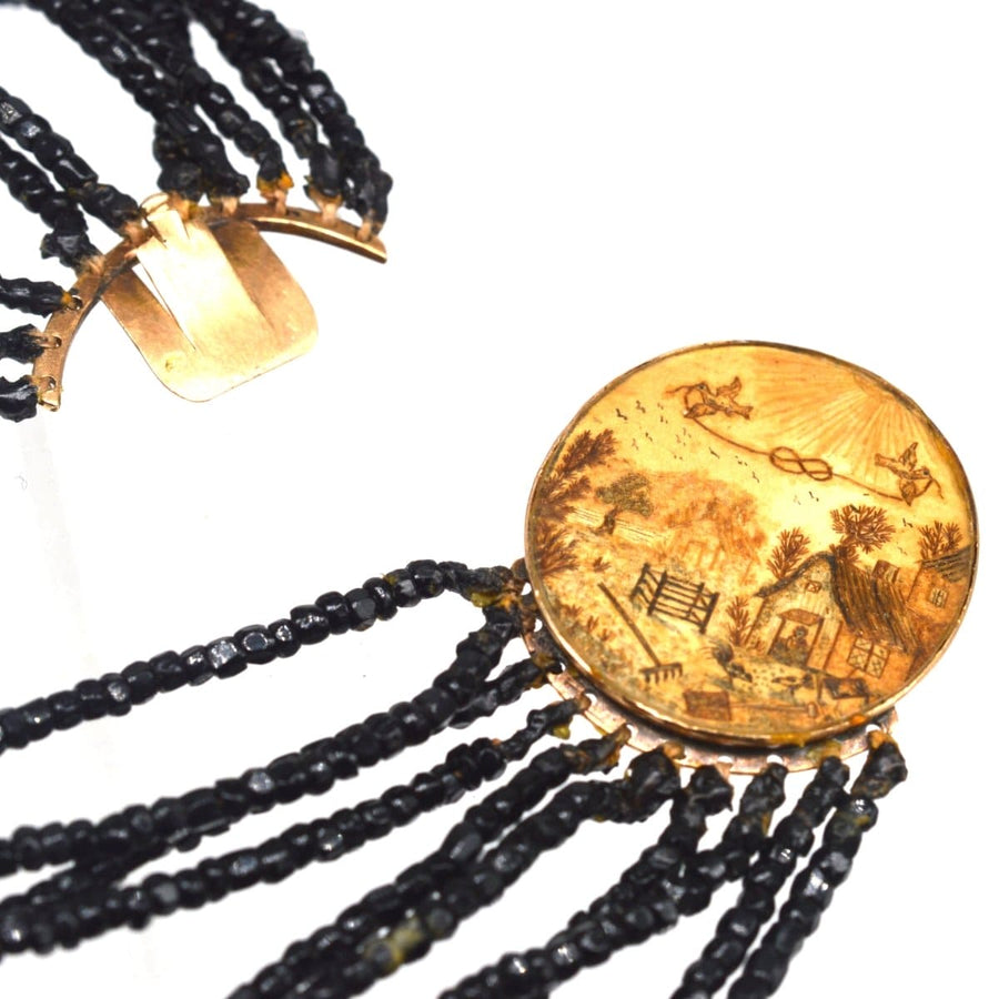 Rare Georgian 9ct gold clasp necklace featuring a pastoral scene with cottage and doves carrying a love knot.