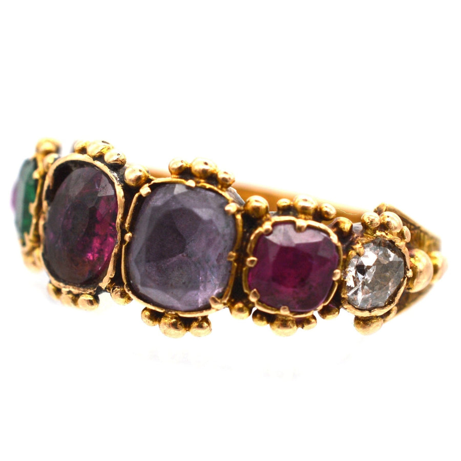 Georgian 15ct gold acrostic ring with Ruby, Emerald, Amethyst, and Diamond spelling 'REGARD'.