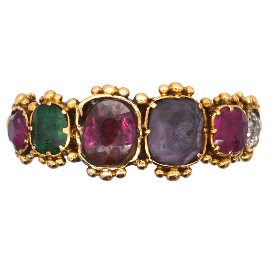Regency 15ct Gold Acrostic Ring with Ruby, Emerald, Garnet, Amethyst, and Diamond spelling 'REGARD', size UK L 1/2.