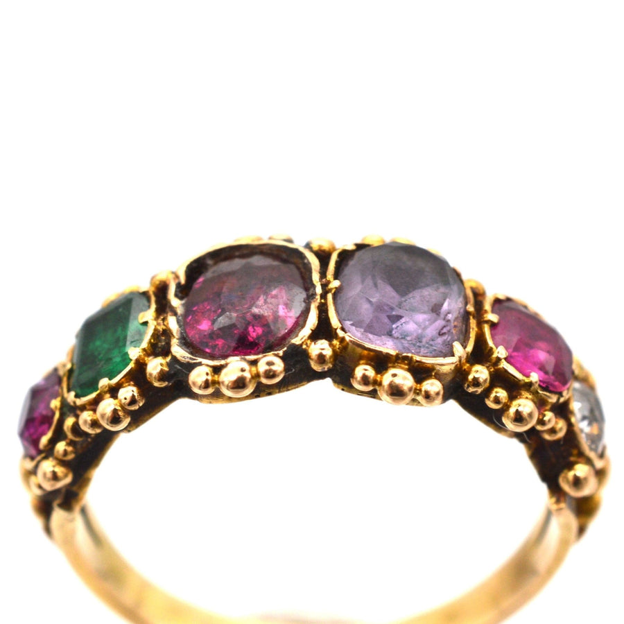 Regency 15ct gold acrostic ring with Ruby, Emerald, Garnet, Amethyst, and Diamond spelling 'REGARD'.