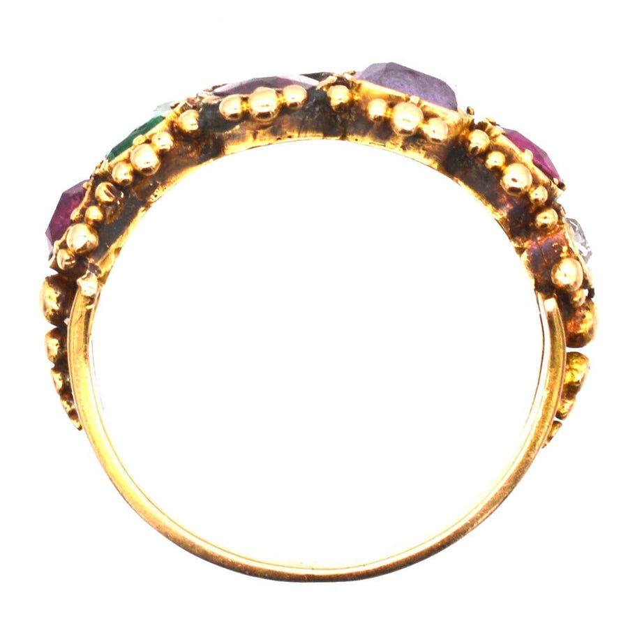 Regency 15ct gold acrostic ring featuring ruby, emerald, garnet, amethyst, and diamond, spelling "REGARD".