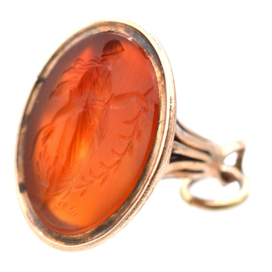 9ct gold ring with carnelian intaglio of Greek Goddess Daphne, featuring delicate openwork design.
