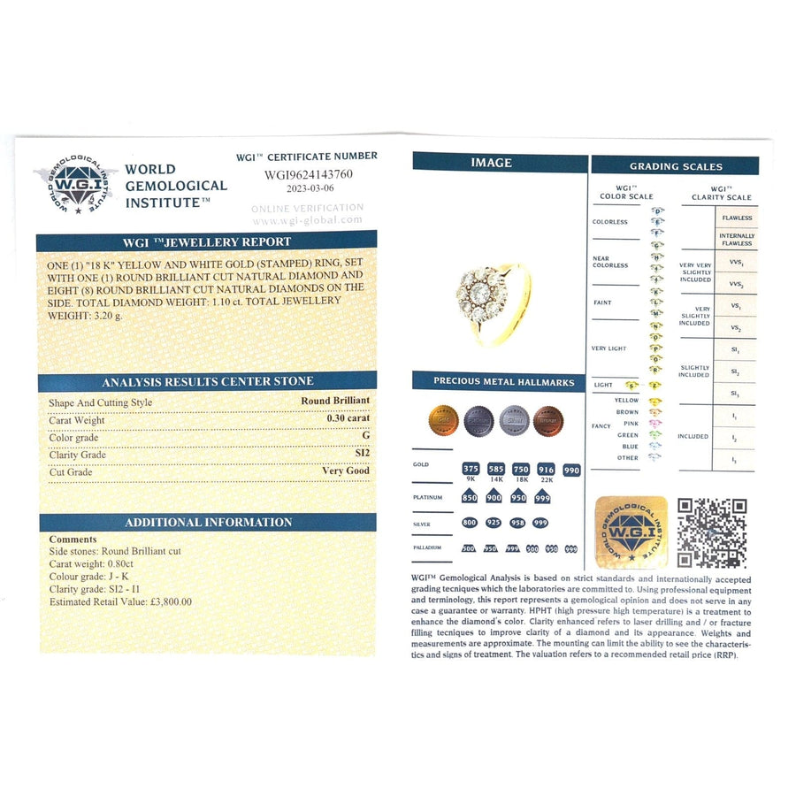 World Gemological Institute certificate for 1.1ct diamond cluster ring, detailing cut, grade, and specifications.